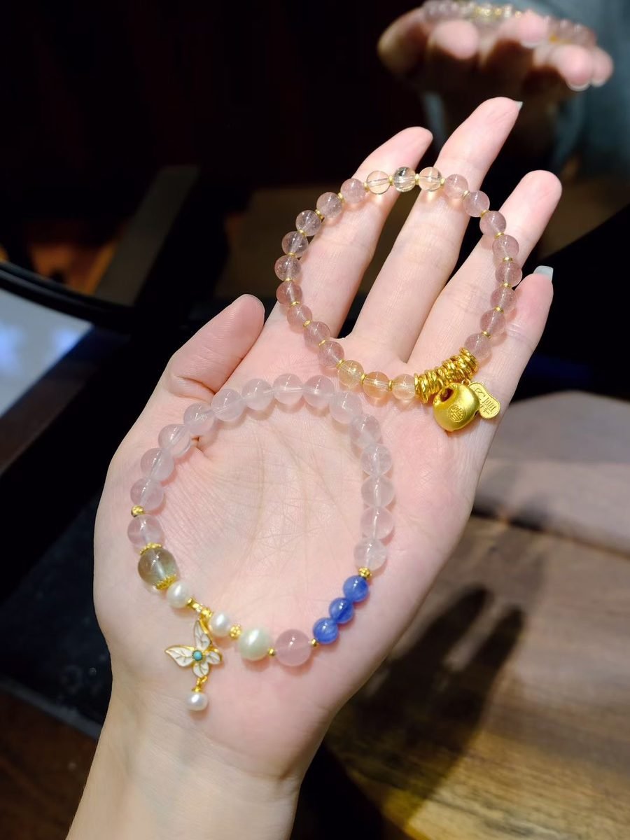 6mm Rose Quartz Bracelet with Citrine & Strawberry Quartz - Image 4