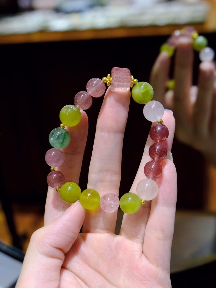 9mm Rose Quartz Bracelet with Strawberry Quartz — Ref. 01158