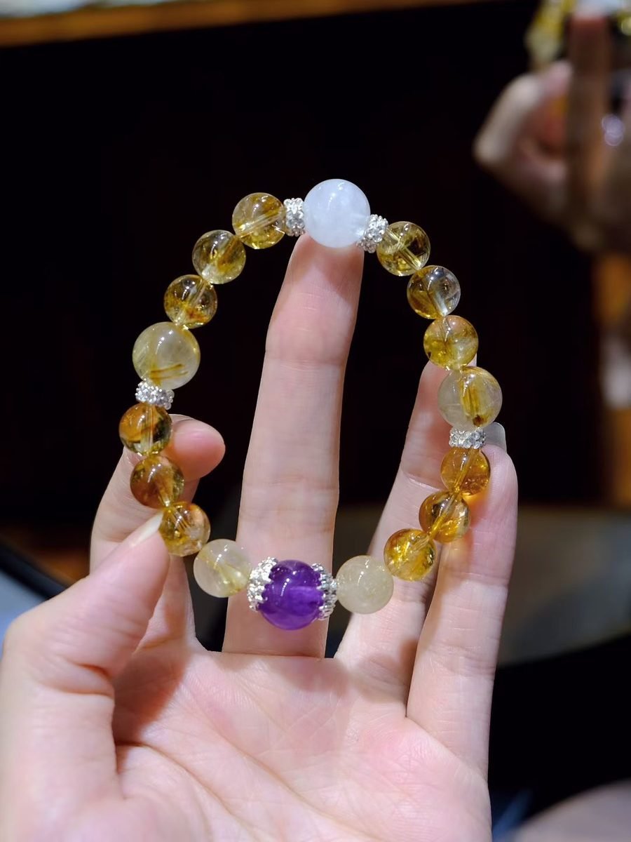 11mm Citrine Bracelet with Amethyst & Rutilated Quartz