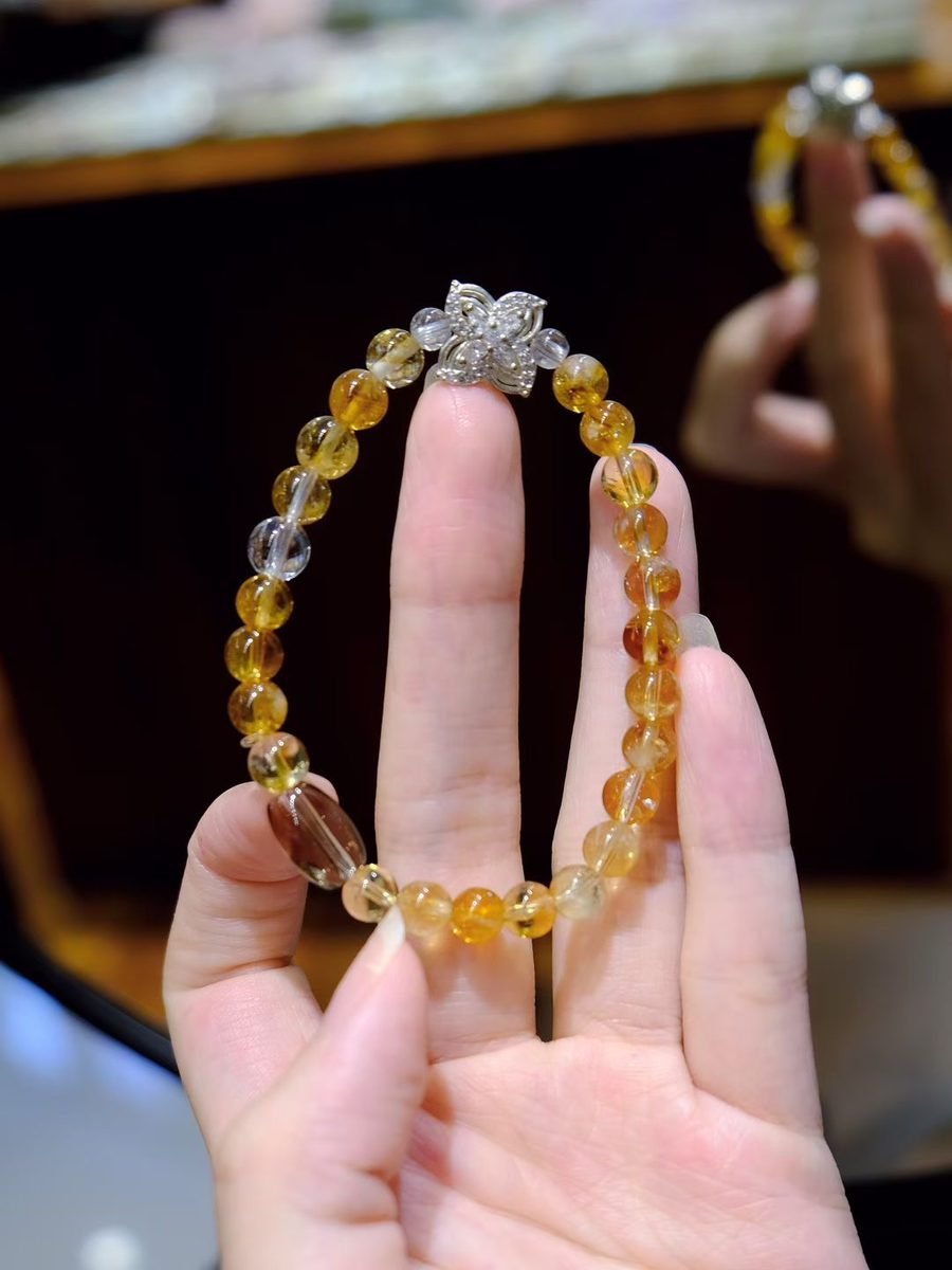 6mm Citrine Bracelet with Smoky Quartz & Clear Quartz