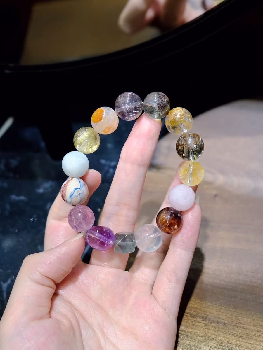 12mm 7 Chakra Balancing Bracelet with Amethyst & Rutilated Quartz