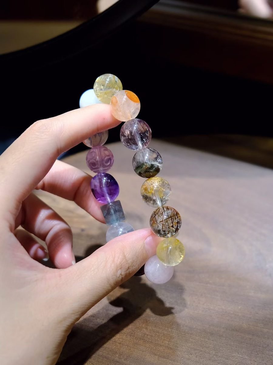 12mm 7 Chakra Balancing Bracelet with Amethyst & Rutilated Quartz - Image 2