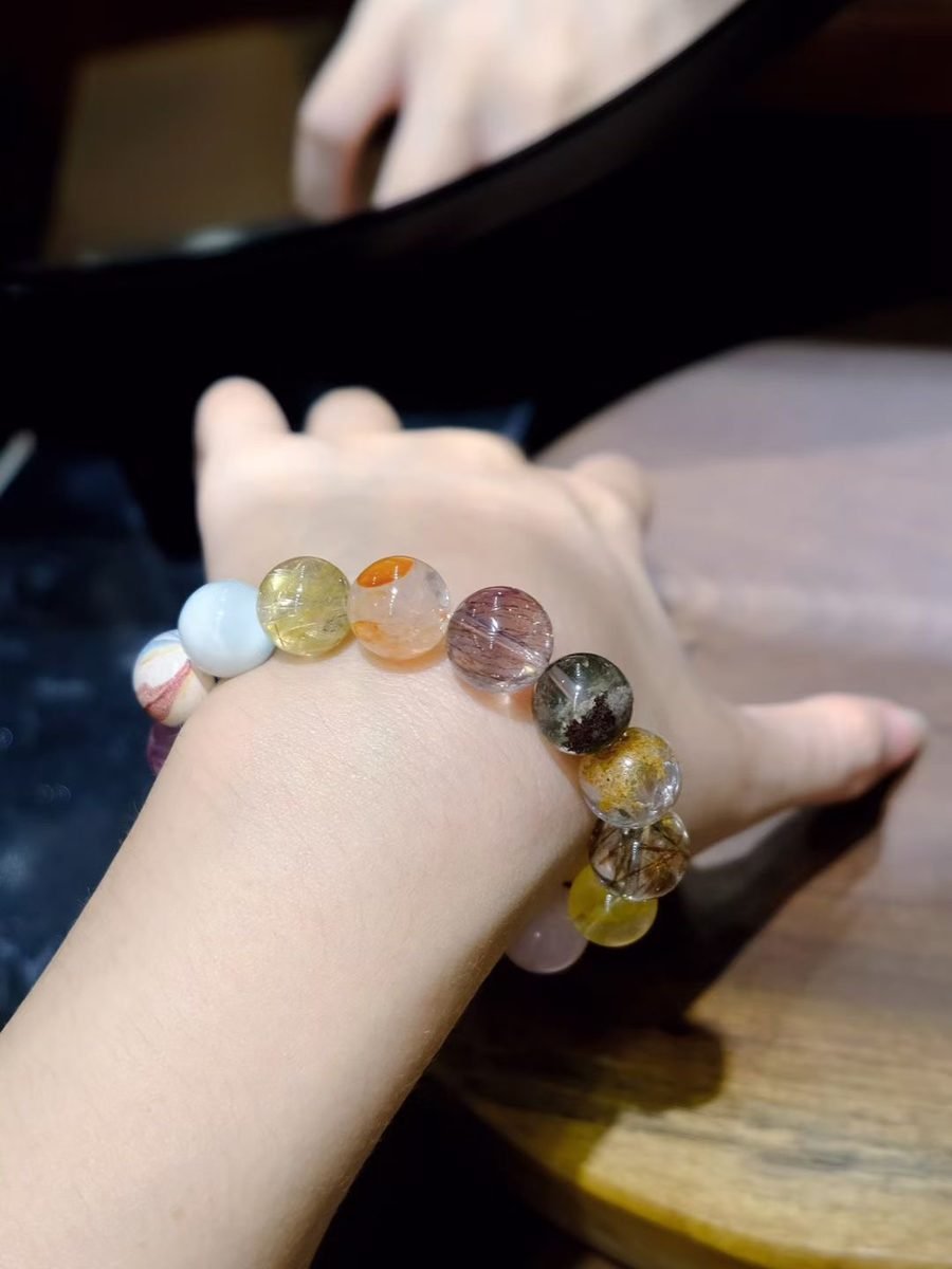 12mm 7 Chakra Balancing Bracelet with Amethyst & Rutilated Quartz - Image 3