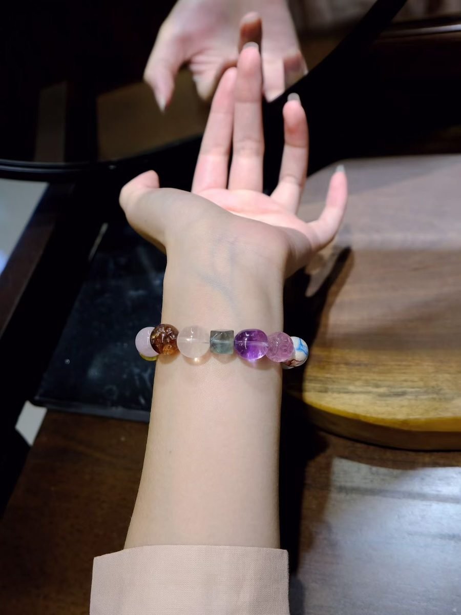 12mm 7 Chakra Balancing Bracelet with Amethyst & Rutilated Quartz - Image 4