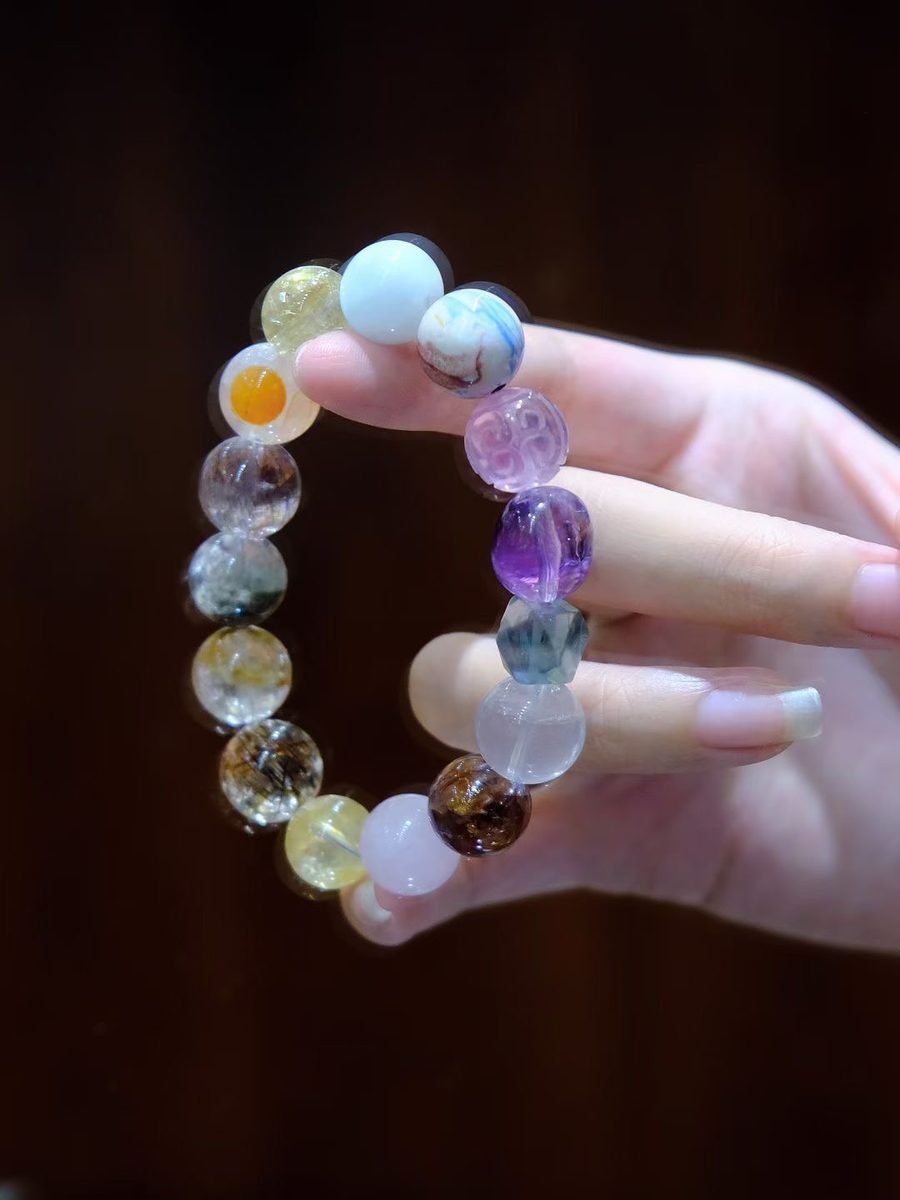 12mm 7 Chakra Balancing Bracelet with Amethyst & Rutilated Quartz - Image 5