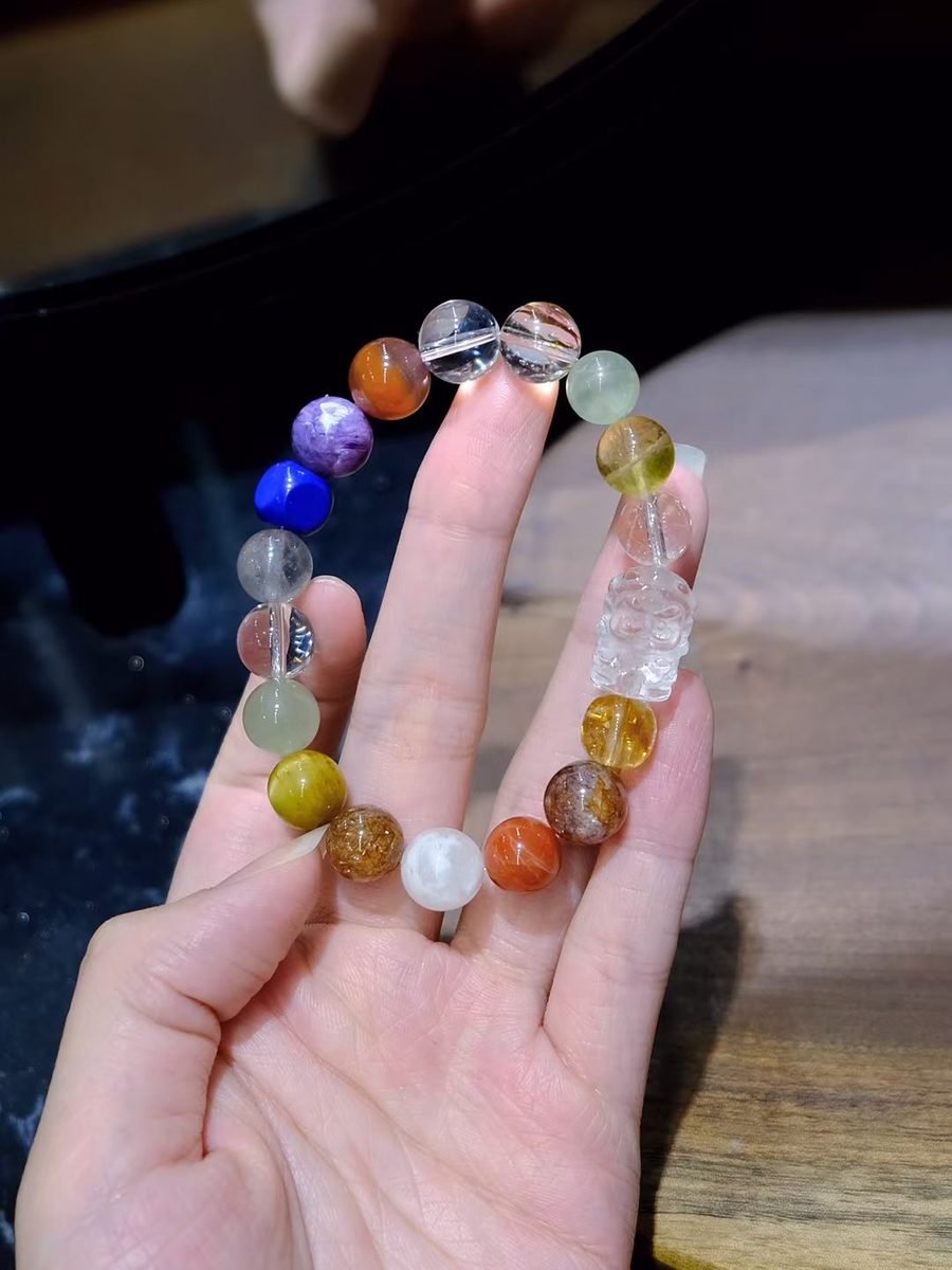 9-10mm 7 Chakra Balancing Bracelet with Rutilated Quartz & Lapis Lazuli