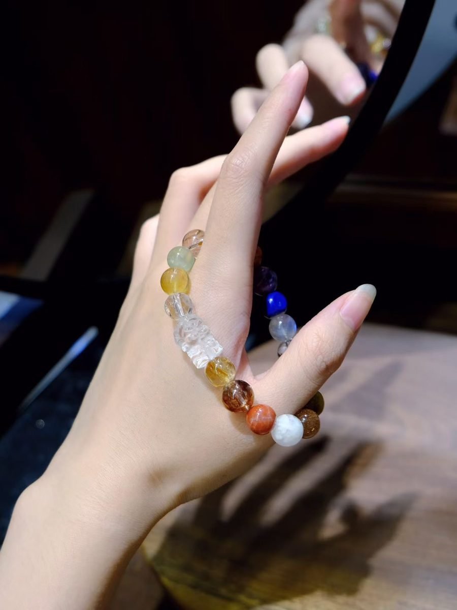 9-10mm 7 Chakra Balancing Bracelet with Rutilated Quartz & Lapis Lazuli - Image 2