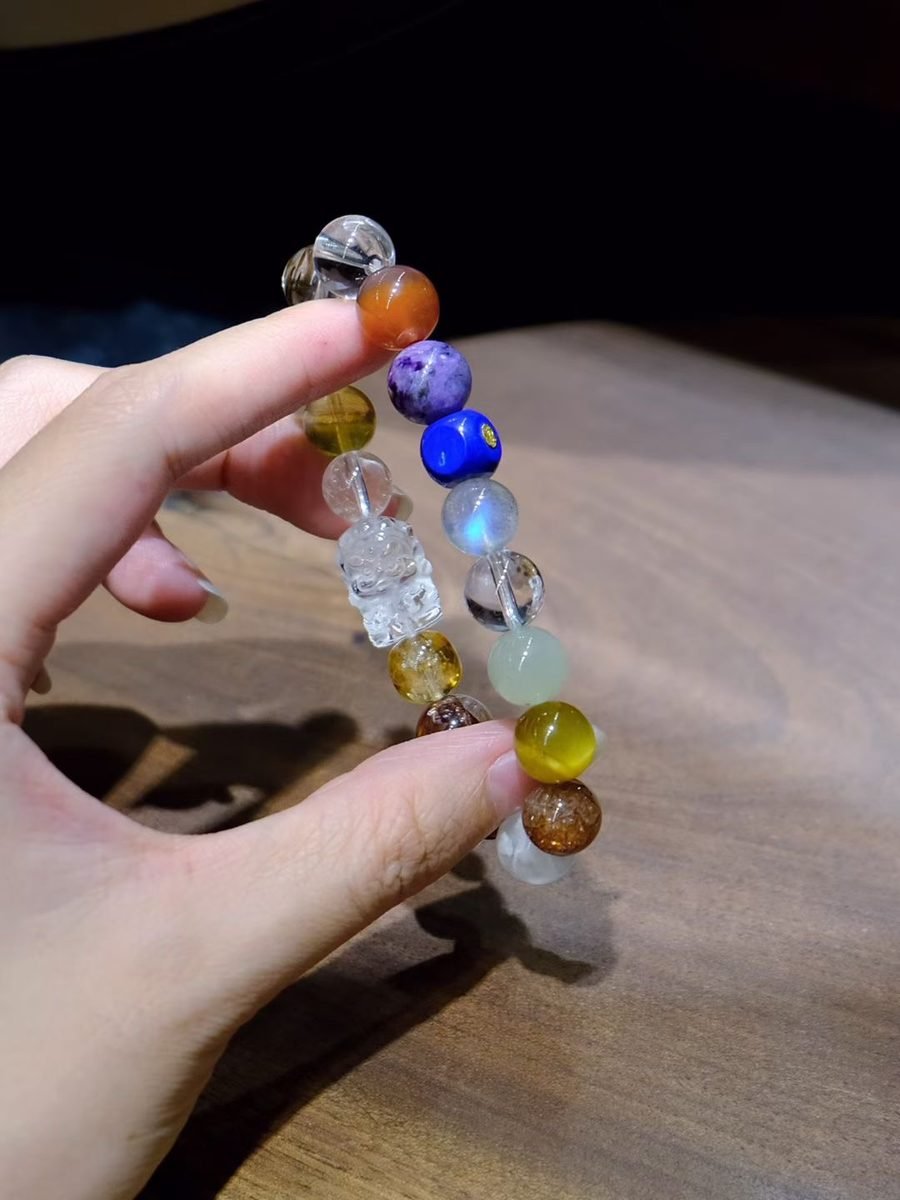 9-10mm 7 Chakra Balancing Bracelet with Rutilated Quartz & Lapis Lazuli - Image 3