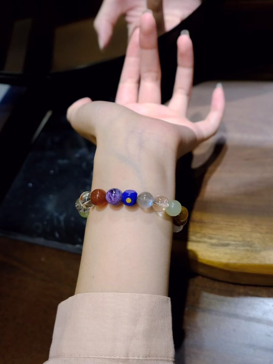 9-10mm 7 Chakra Balancing Bracelet with Rutilated Quartz & Lapis Lazuli - Image 4