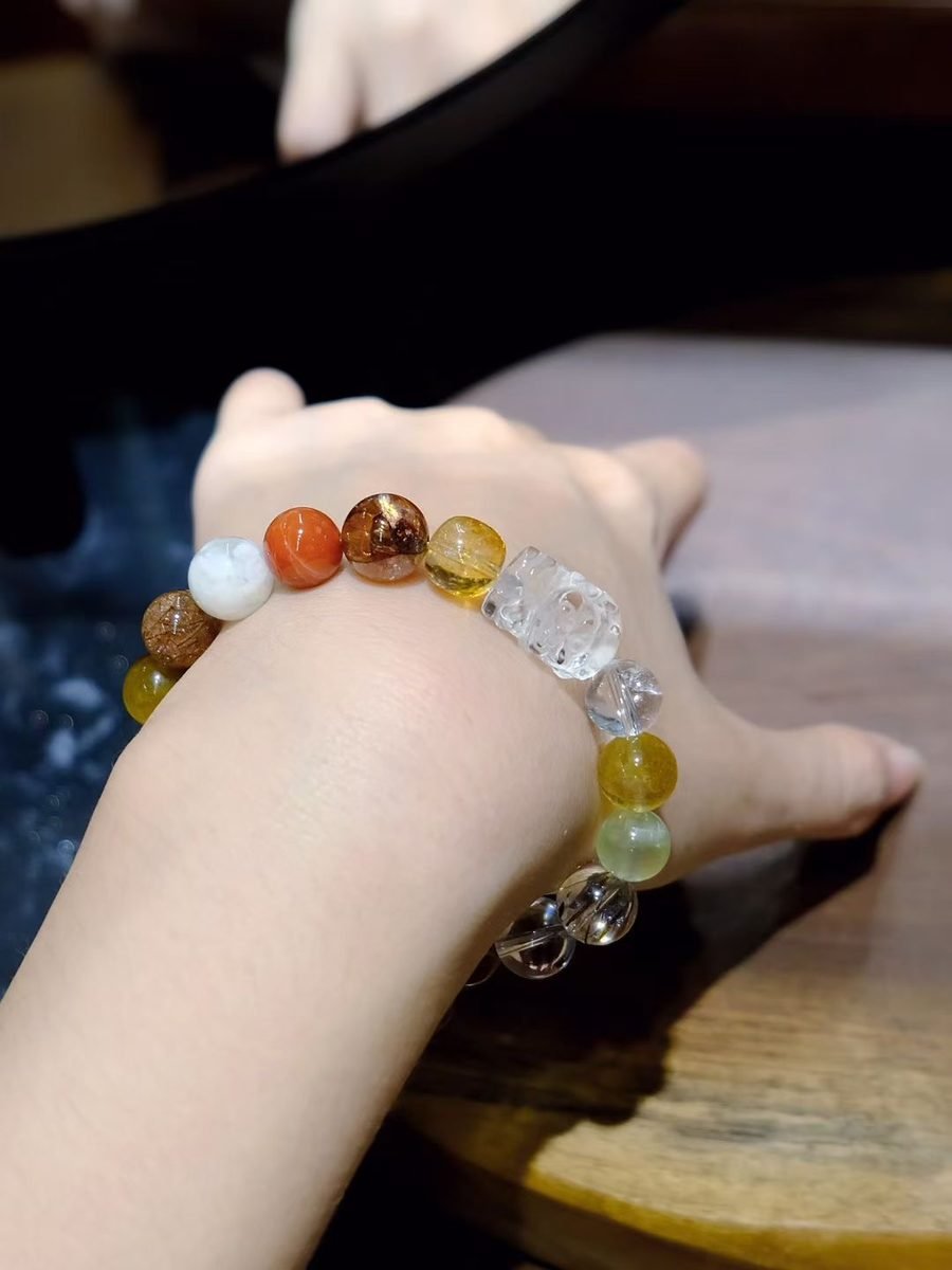 9-10mm 7 Chakra Balancing Bracelet with Rutilated Quartz & Lapis Lazuli - Image 5