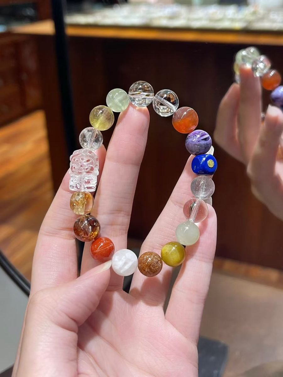 9-10mm 7 Chakra Balancing Bracelet with Rutilated Quartz & Lapis Lazuli - Image 6