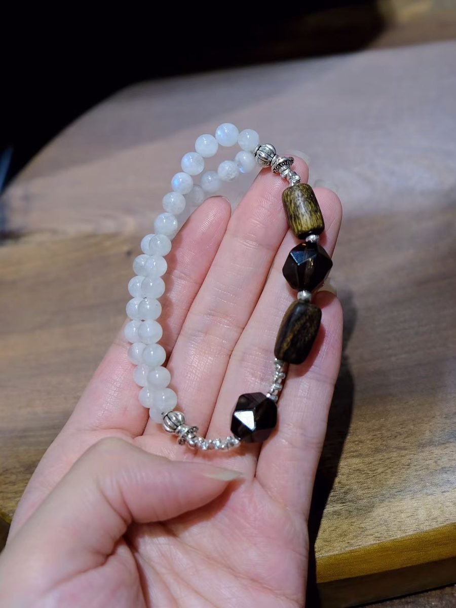 Rainbow Moonstone Bracelet with Smoky Quartz - Image 2
