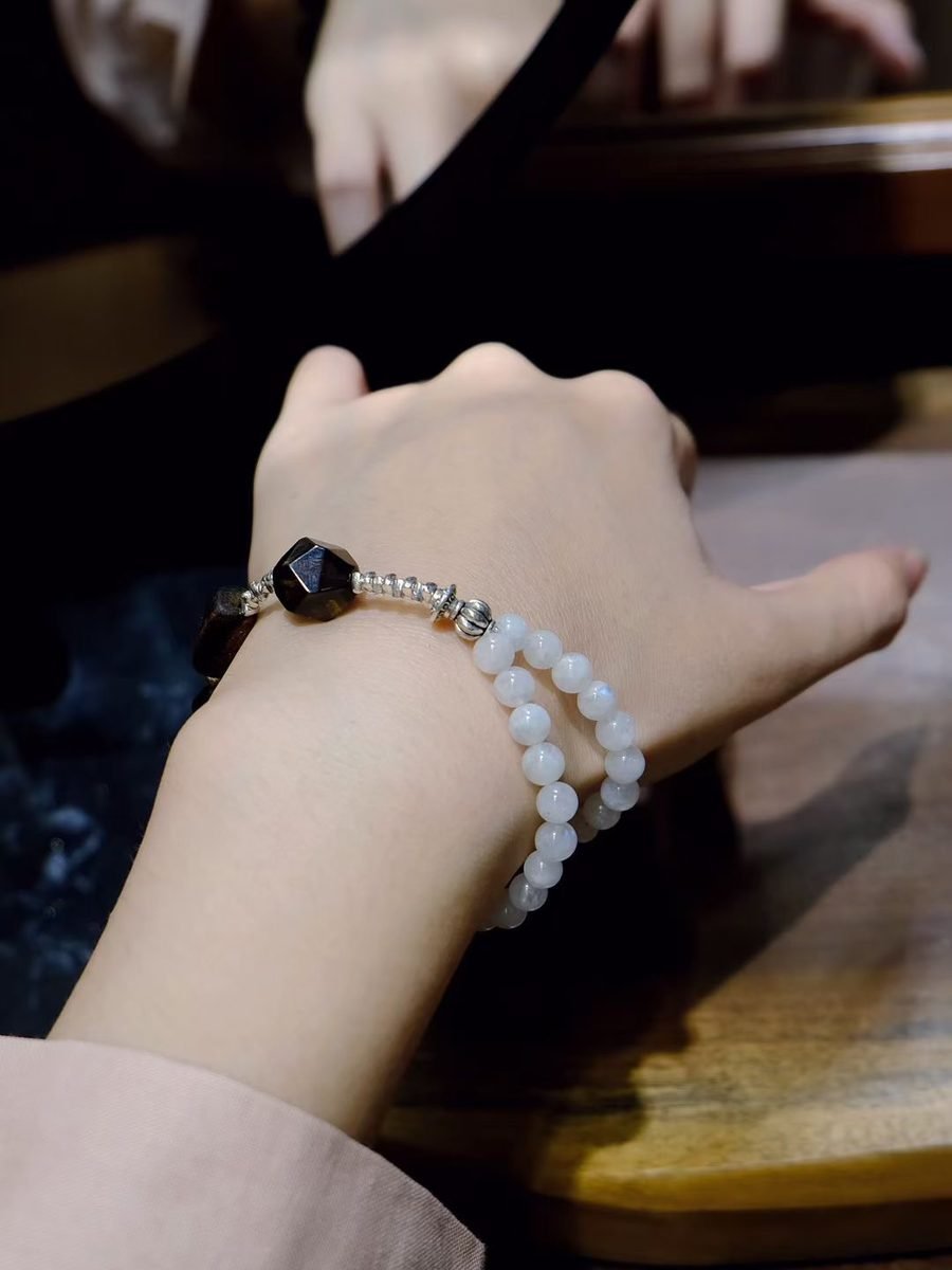 Rainbow Moonstone Bracelet with Smoky Quartz - Image 3