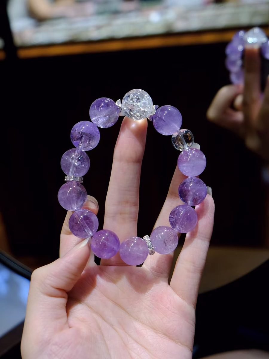 14mm Amethyst Bracelet with Clear Quartz