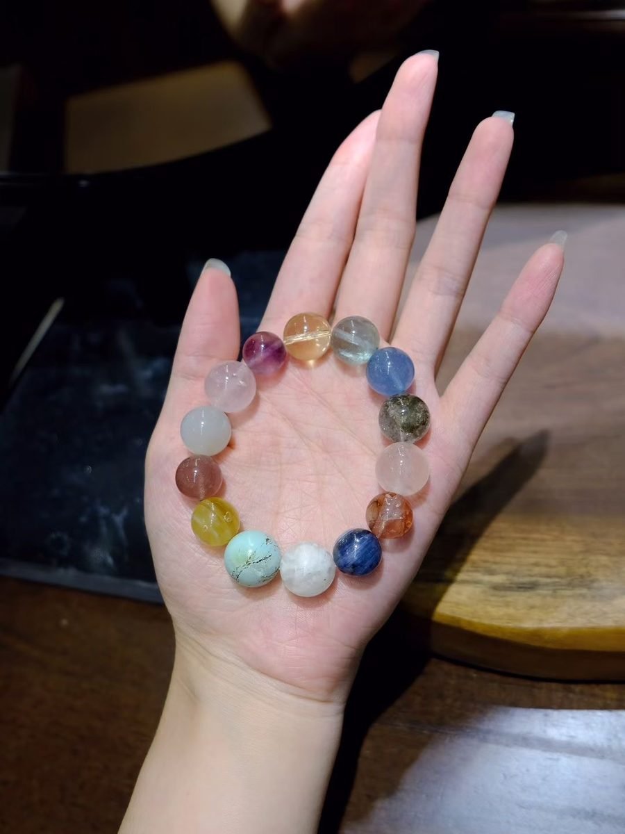 12-15mm 7 Chakra Balancing Bracelet with Green Phantom Quartz & Aquamarine