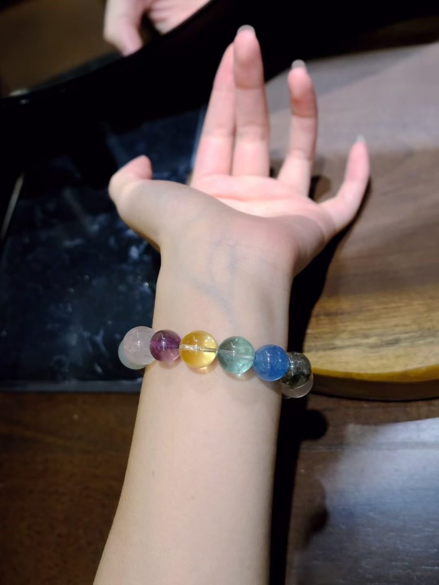 12-15mm 7 Chakra Balancing Bracelet with Green Phantom Quartz & Aquamarine - Image 3