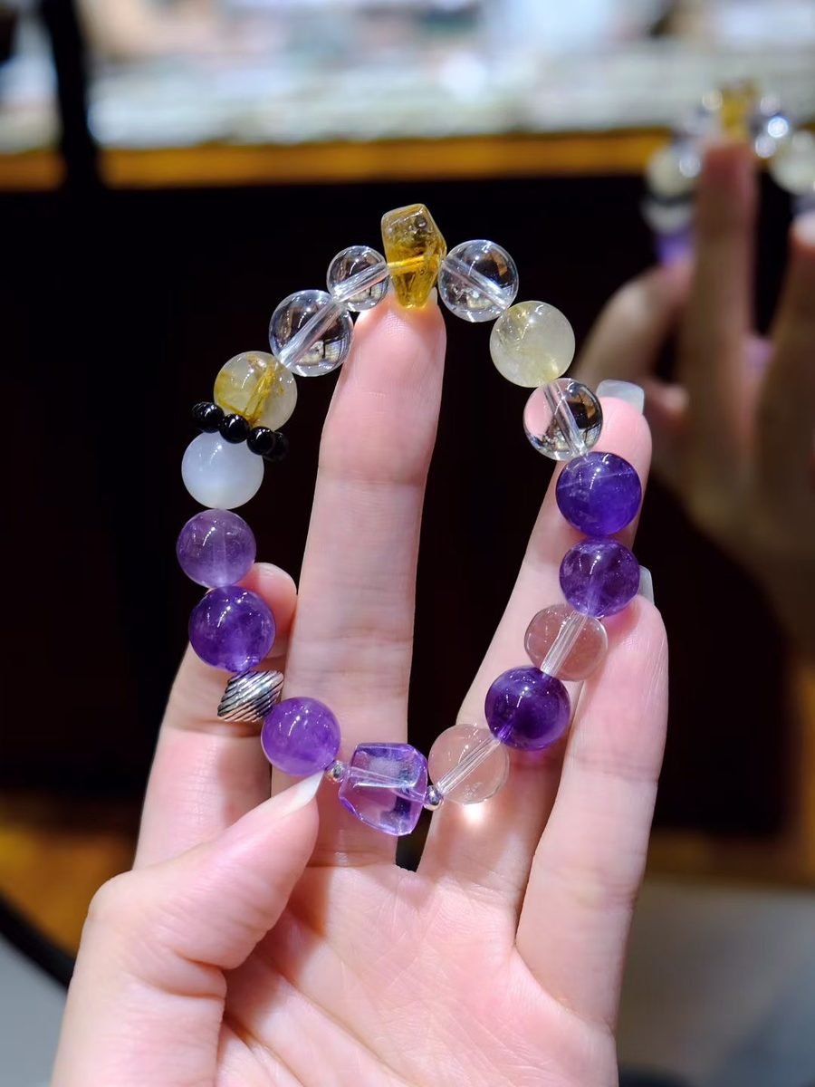 7 Chakra Balancing Bracelet with Amethyst & Rutilated Quartz — Ref. 01221