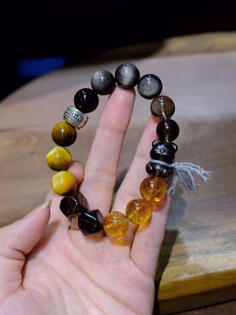 12mm Citrine Bracelet with Smoky Quartz & Tiger Eye — Ref. 01229