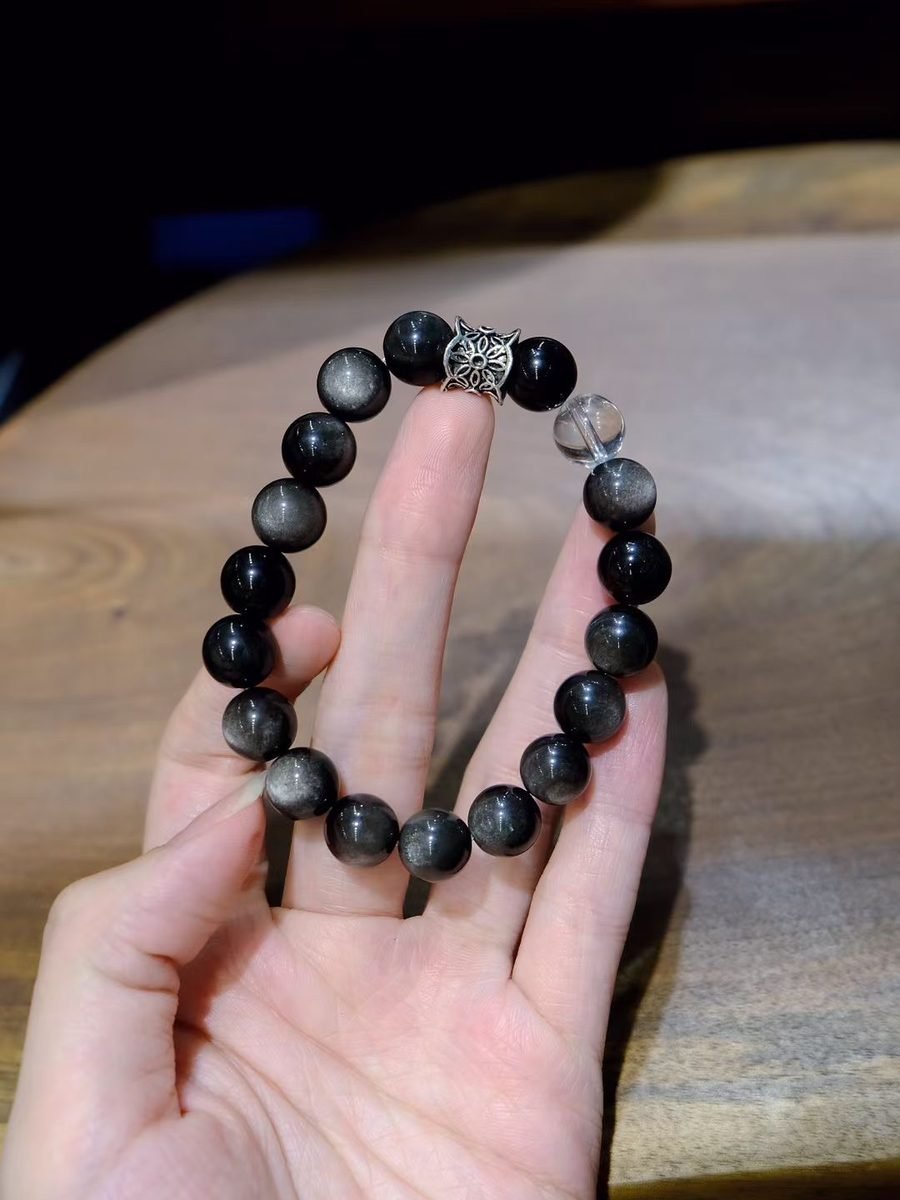 10mm Black Obsidian Bracelet with Clear Quartz — Ref. 01231