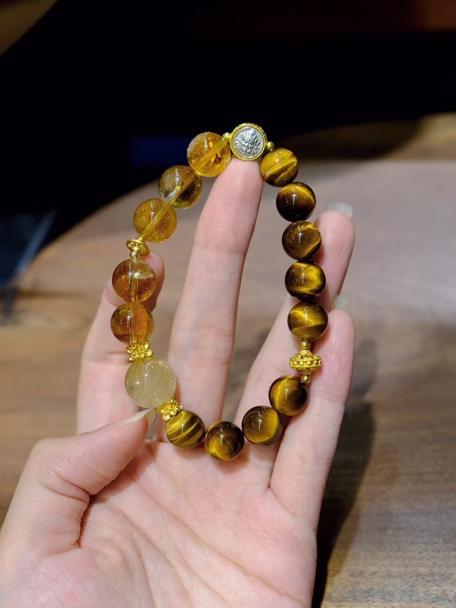 10mm Citrine Bracelet with Rutilated Quartz & Tiger Eye — Ref. 01232