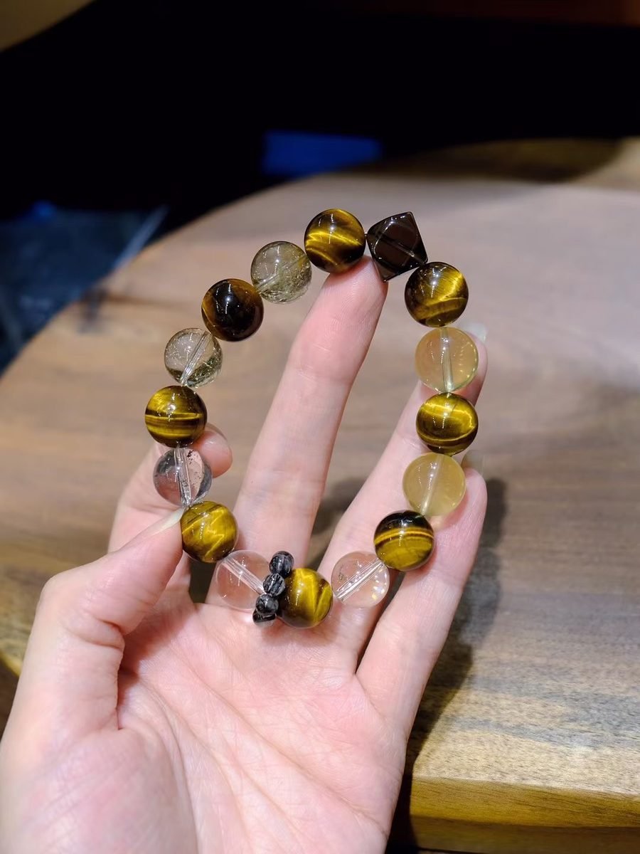 12mm Citrine Bracelet with Rutilated Quartz & Tiger Eye