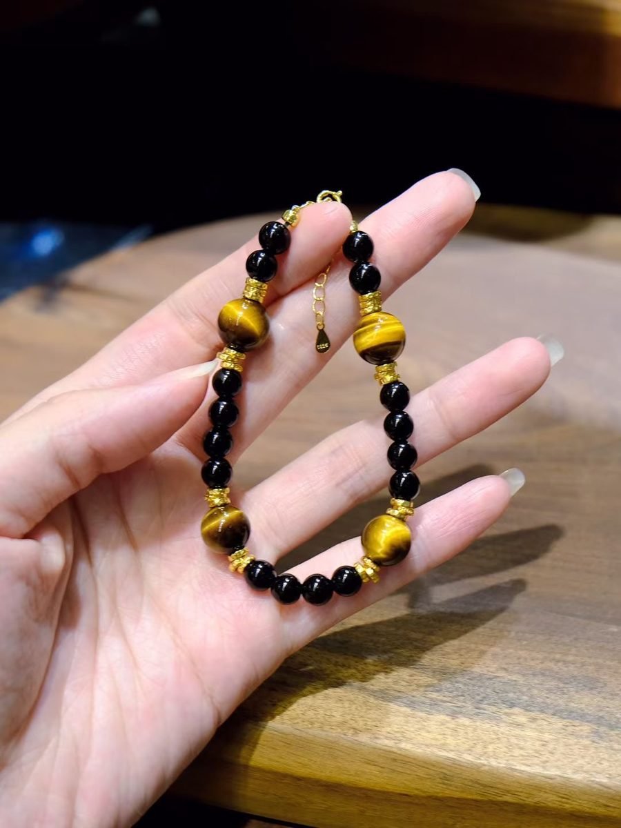 10mm Citrine Bracelet with Black Obsidian & Tiger Eye