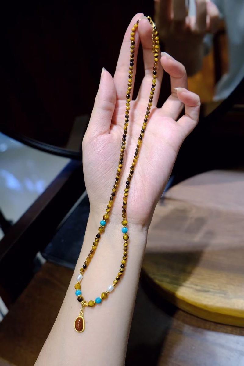 3mm Citrine Necklace with Freshwater Pearl & Tiger Eye