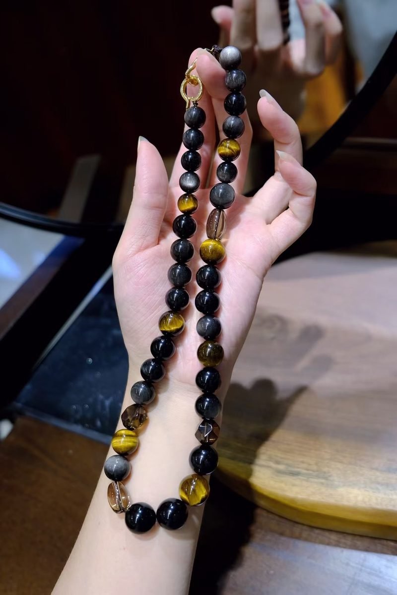 10-14mm Citrine Necklace with Black Obsidian & Smoky Quartz