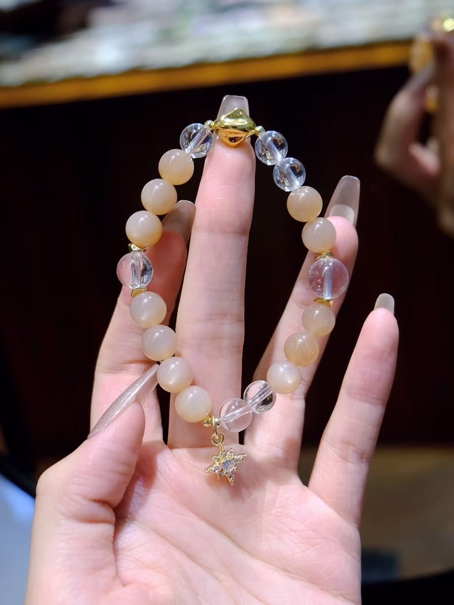 Rainbow Moonstone Bracelet with Clear Quartz — Ref. 01249
