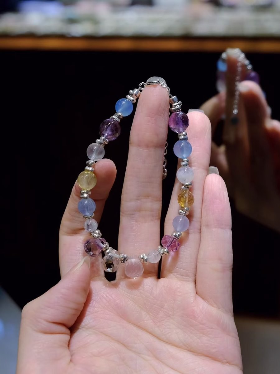 7 Chakra Balancing Faceted Bracelet with Rainbow Moonstone & Rose Quartz