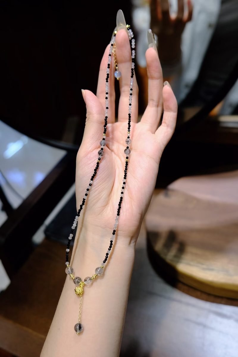 Rainbow Moonstone Necklace with Rutilated Quartz