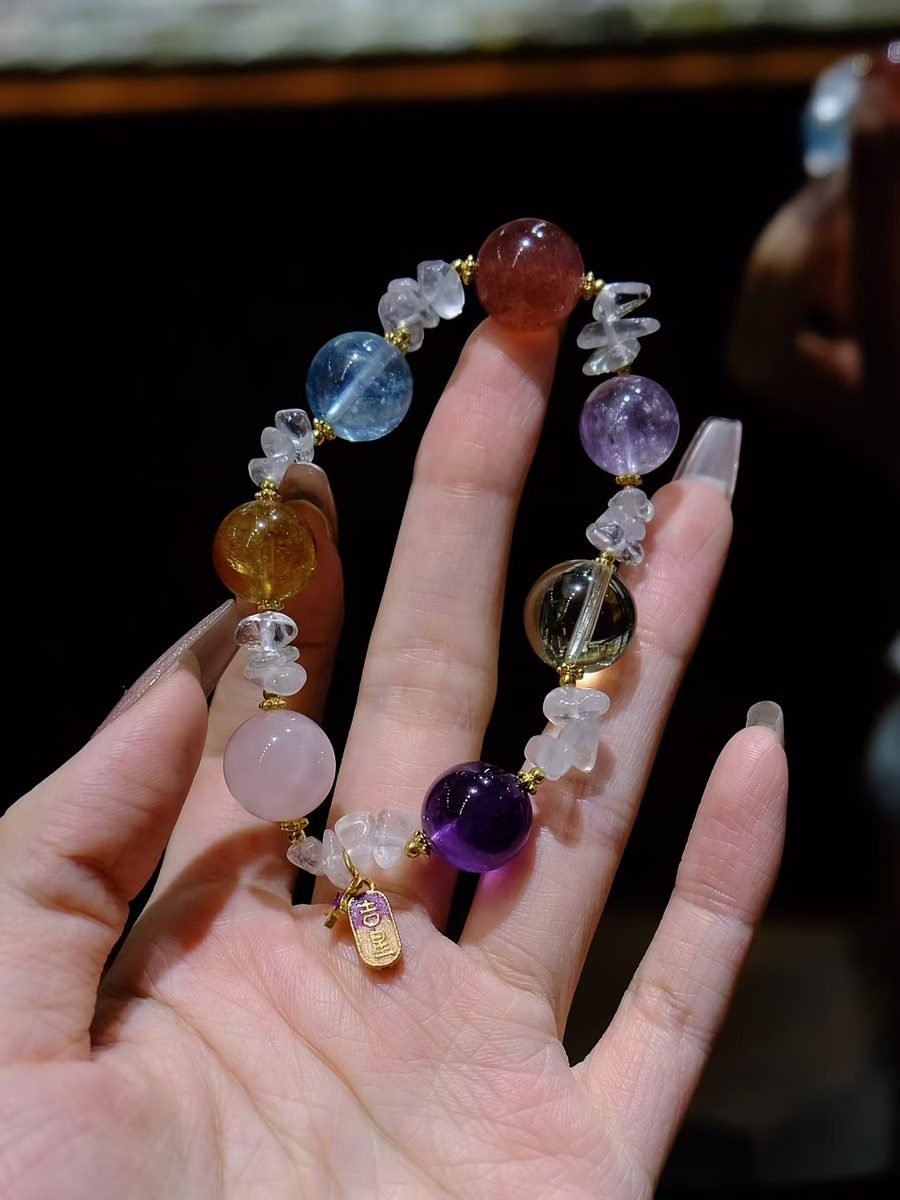 13mm 7 Chakra Balancing Bracelet with Rose Quartz & Amethyst — Ref. 01408