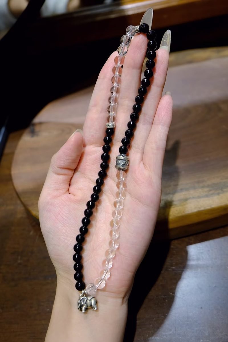 Black Obsidian Bracelet with Clear Quartz — Ref. 01429
