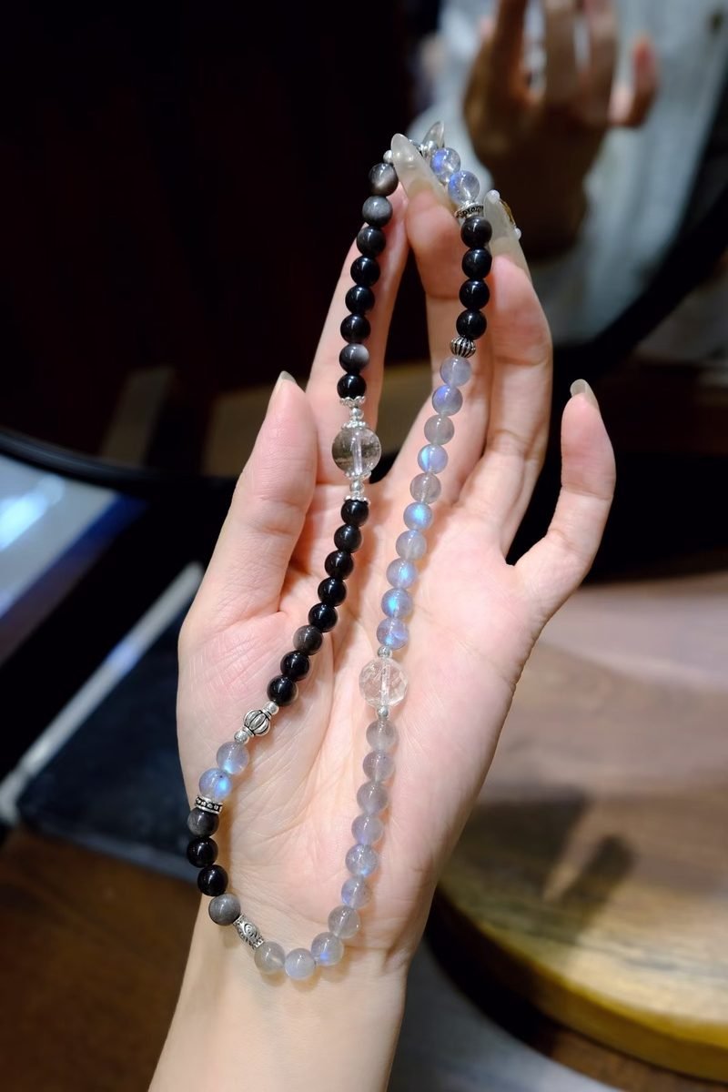 Black Obsidian Bracelet with Rainbow Moonstone & Clear Quartz
