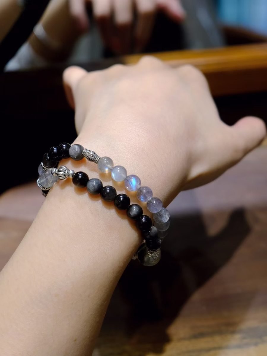 Black Obsidian Bracelet with Rainbow Moonstone & Clear Quartz - Image 2