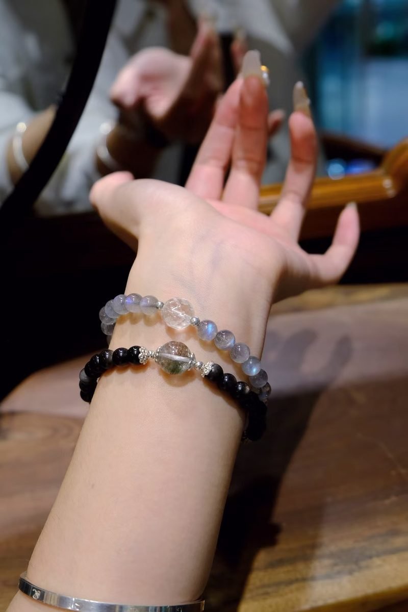 Black Obsidian Bracelet with Rainbow Moonstone & Clear Quartz - Image 3