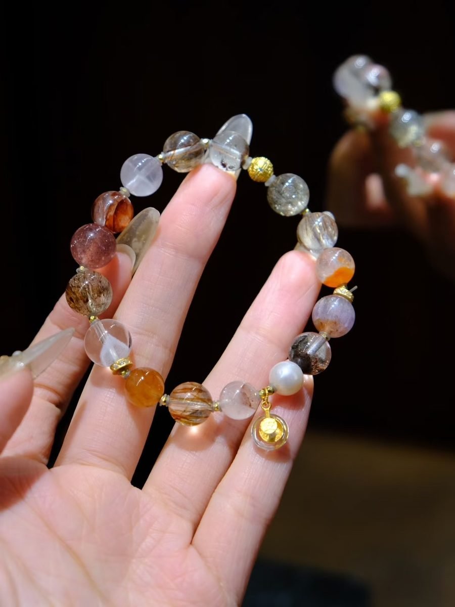 8-10mm 7 Chakra Balancing Bracelet with Clear Quartz & Rutilated Quartz