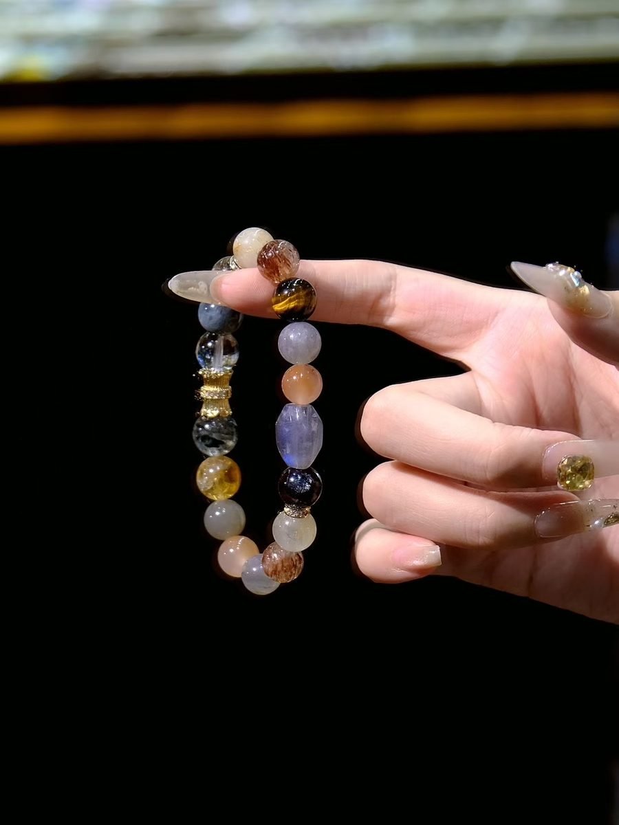 7 Chakra Balancing Bracelet with Rainbow Moonstone & Green Phantom Quartz