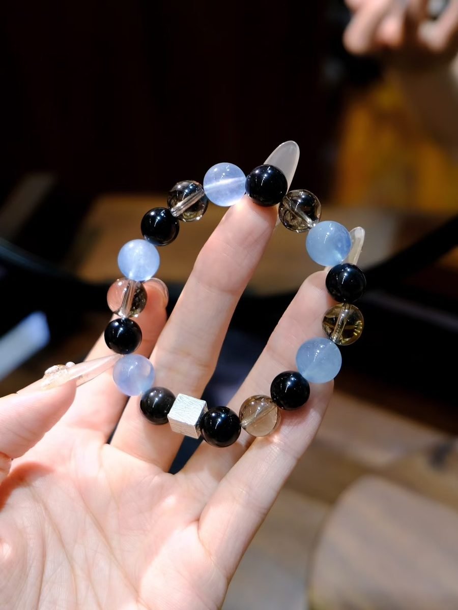 10mm Black Obsidian Bracelet with Smoky Quartz & Aquamarine