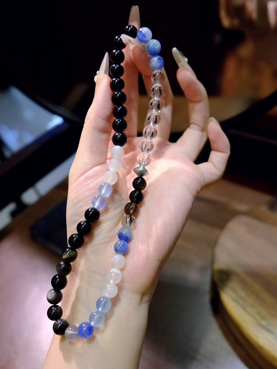 7mm Rainbow Moonstone Bracelet with Smoky Quartz & Rutilated Quartz