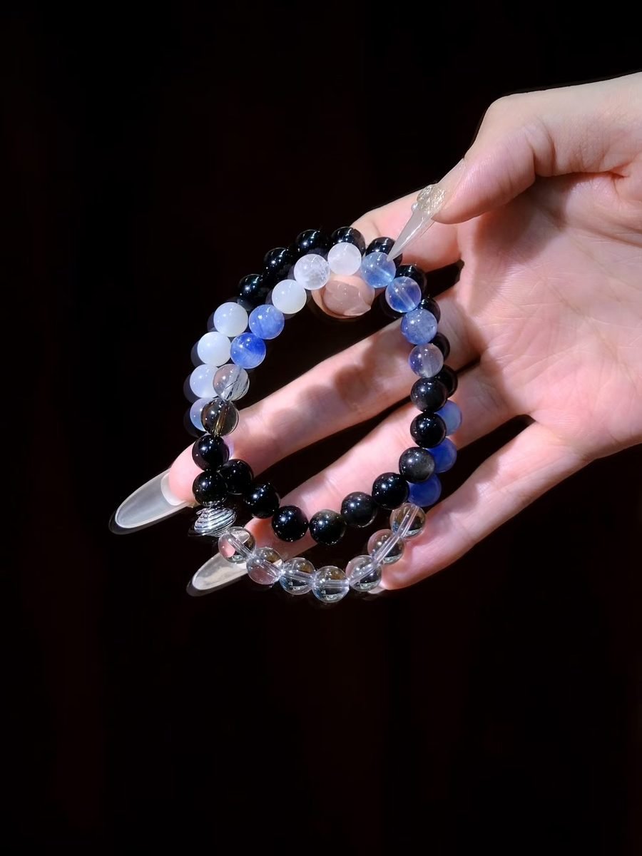 7mm Rainbow Moonstone Bracelet with Smoky Quartz & Rutilated Quartz - Image 2