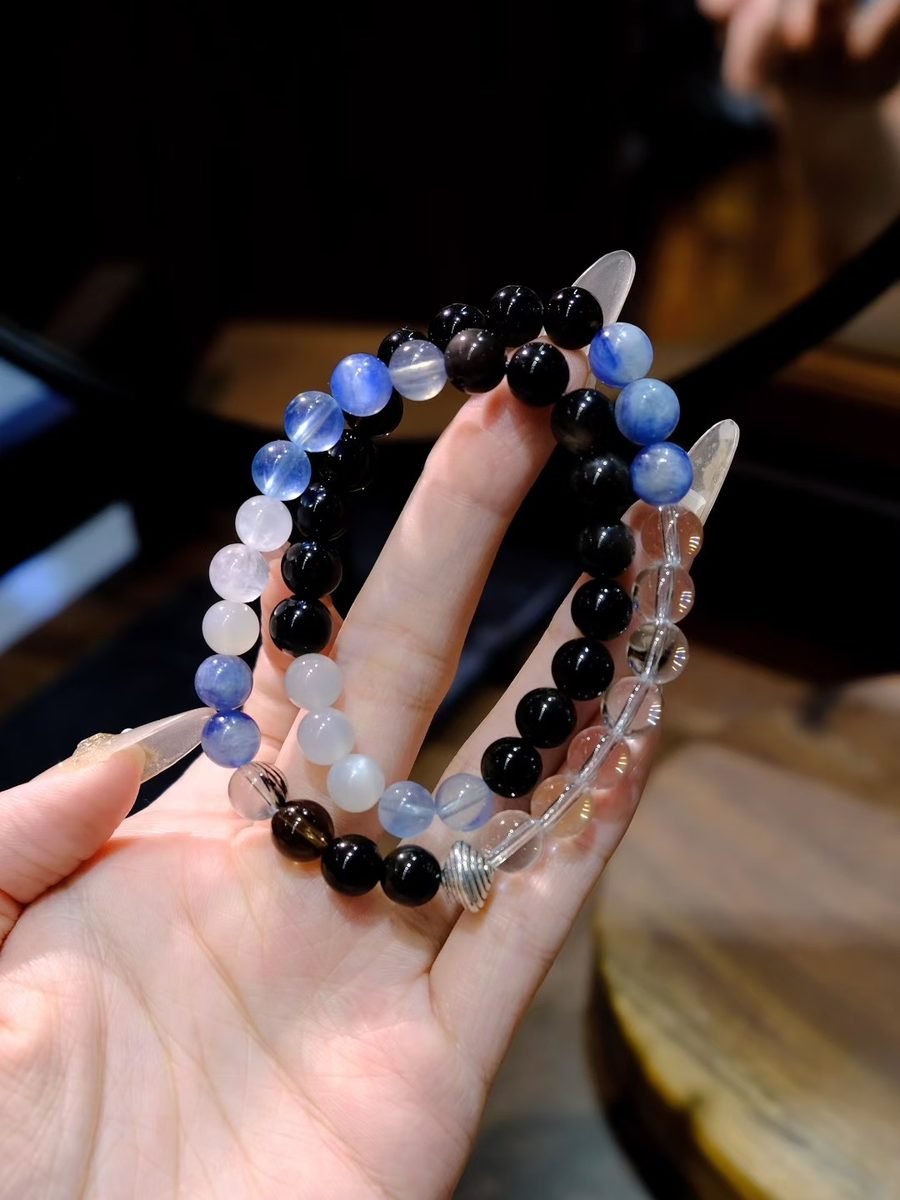 7mm Rainbow Moonstone Bracelet with Smoky Quartz & Rutilated Quartz - Image 4