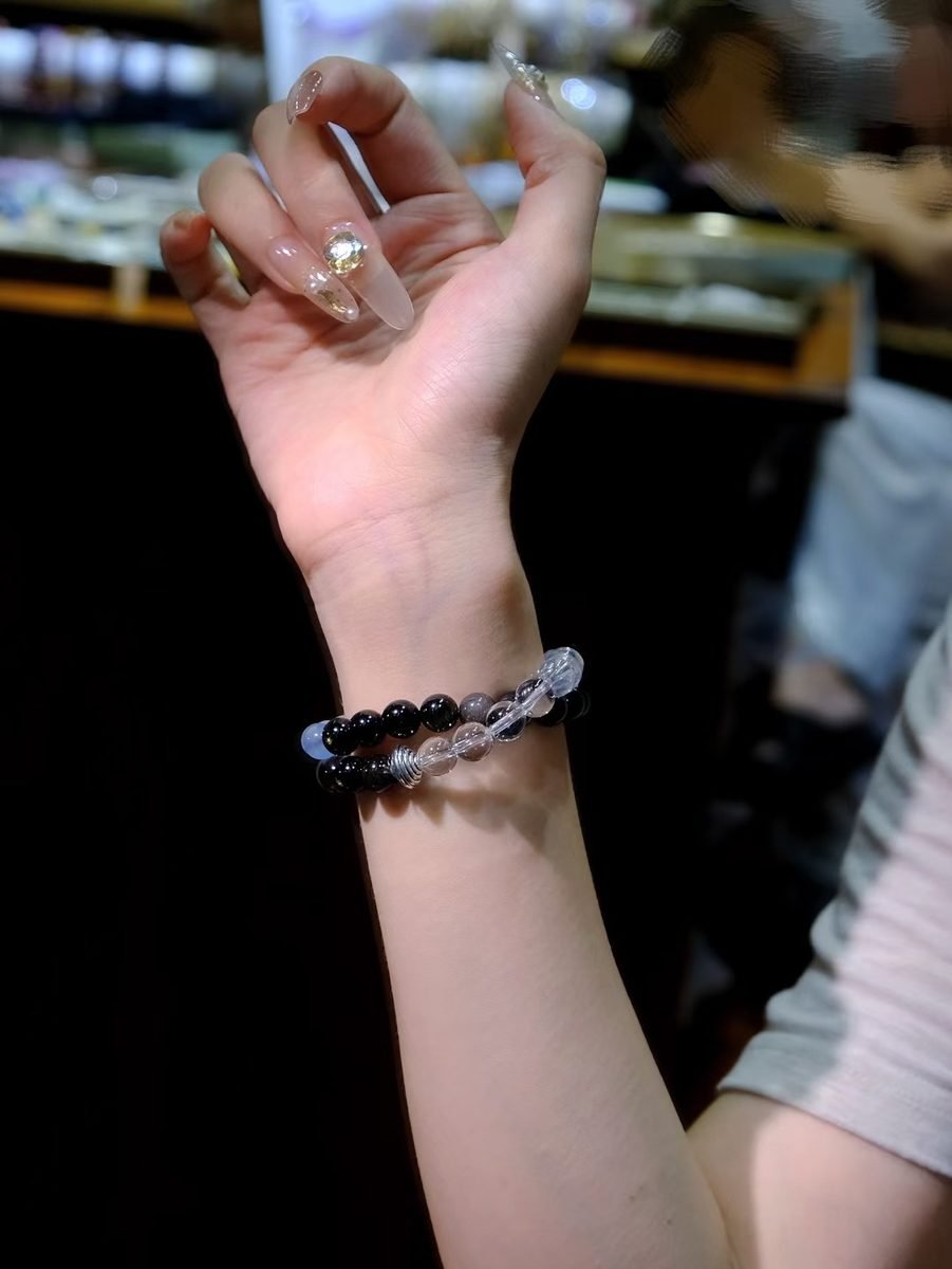 7mm Rainbow Moonstone Bracelet with Smoky Quartz & Rutilated Quartz - Image 7