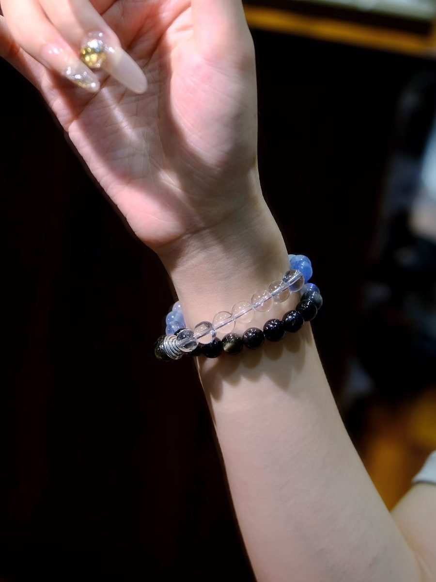 7mm Rainbow Moonstone Bracelet with Smoky Quartz & Rutilated Quartz - Image 8