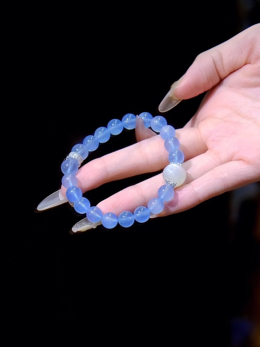 11mm Rainbow Moonstone Bracelet with Aquamarine