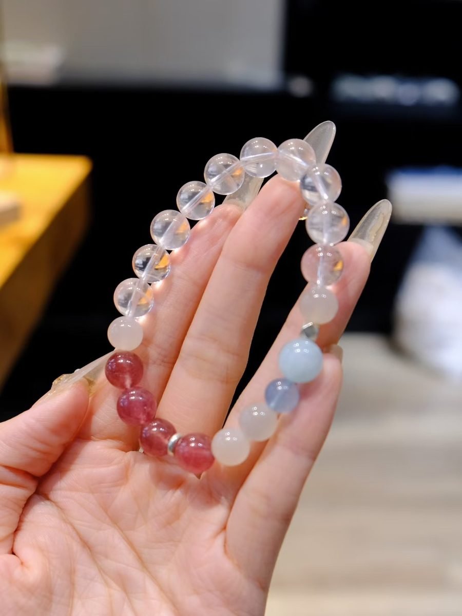 Rose Quartz Bracelet with Rainbow Moonstone & Strawberry Quartz