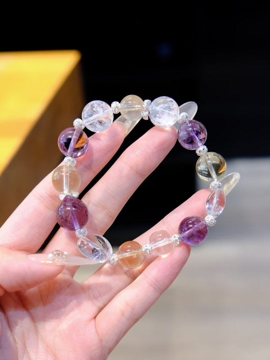 10-13mm Amethyst Bracelet with Citrine & Clear Quartz