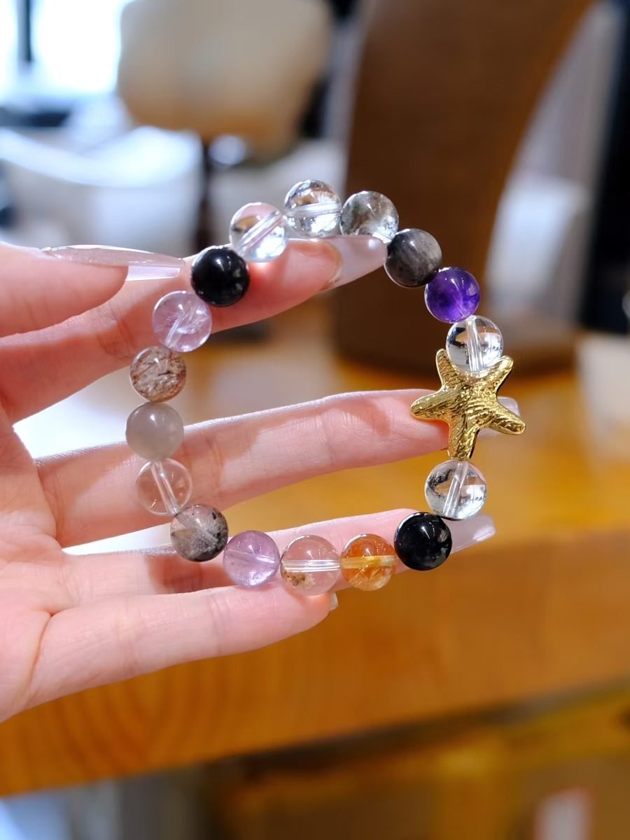 10mm 7 Chakra Balancing Bracelet with Amethyst & Green Phantom Quartz