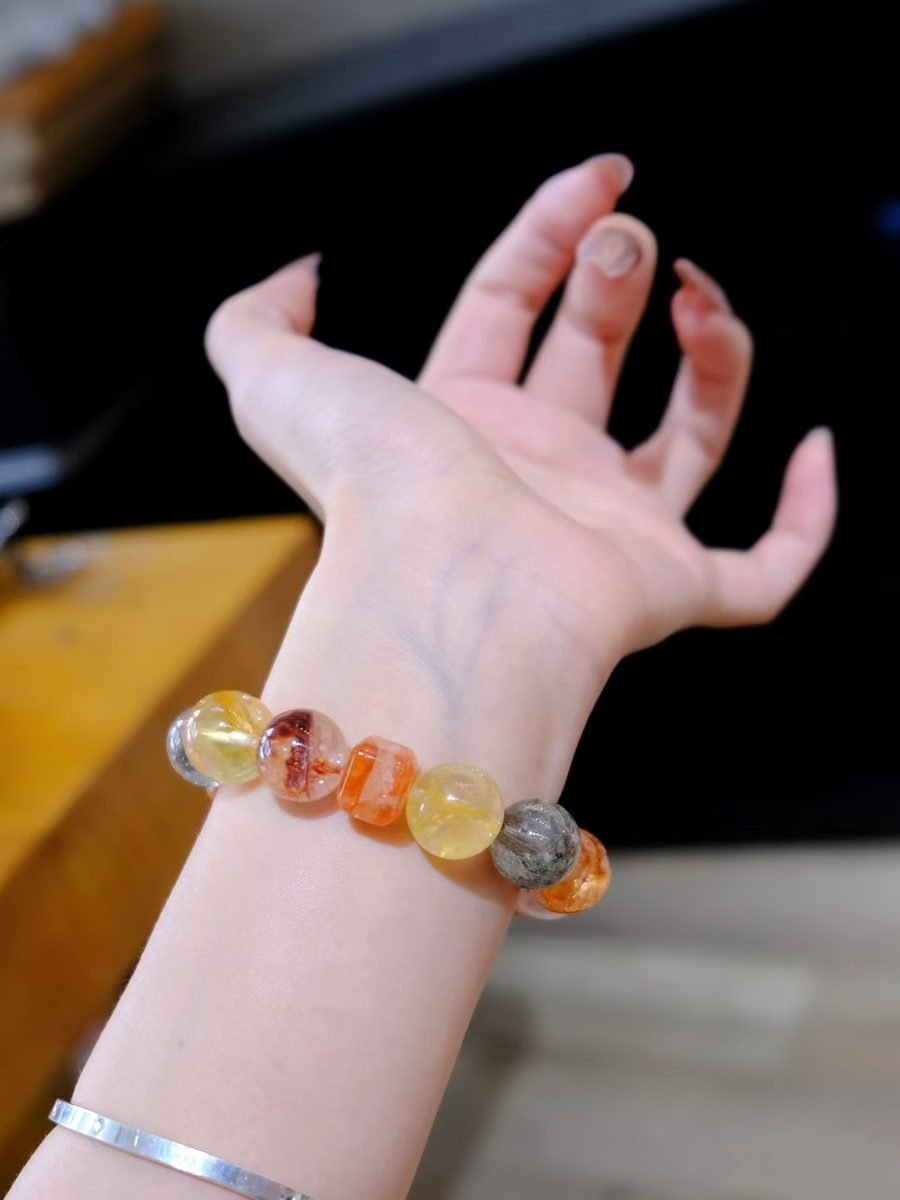 14mm 7 Chakra Balancing Bracelet with Green Phantom Quartz - Image 4