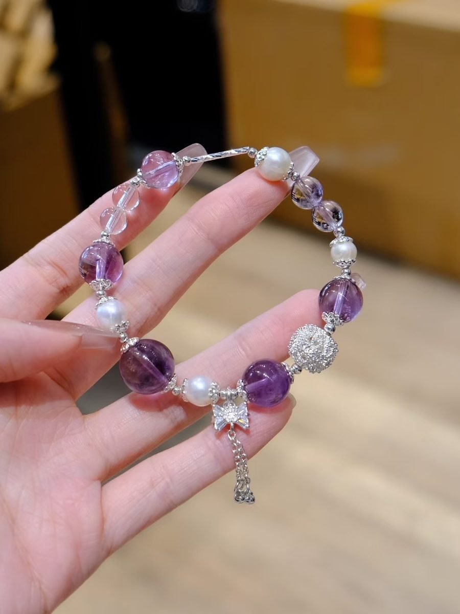 7-13mm Amethyst Bracelet with Clear Quartz & Freshwater Pearl
